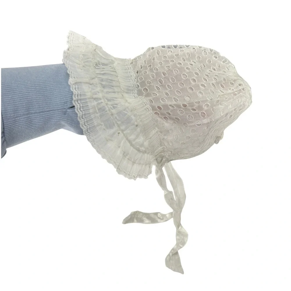 VTG Cottagecore Baby Bonnet Eyelet‎ Lace Ruffle Infant White Coquette Victorian